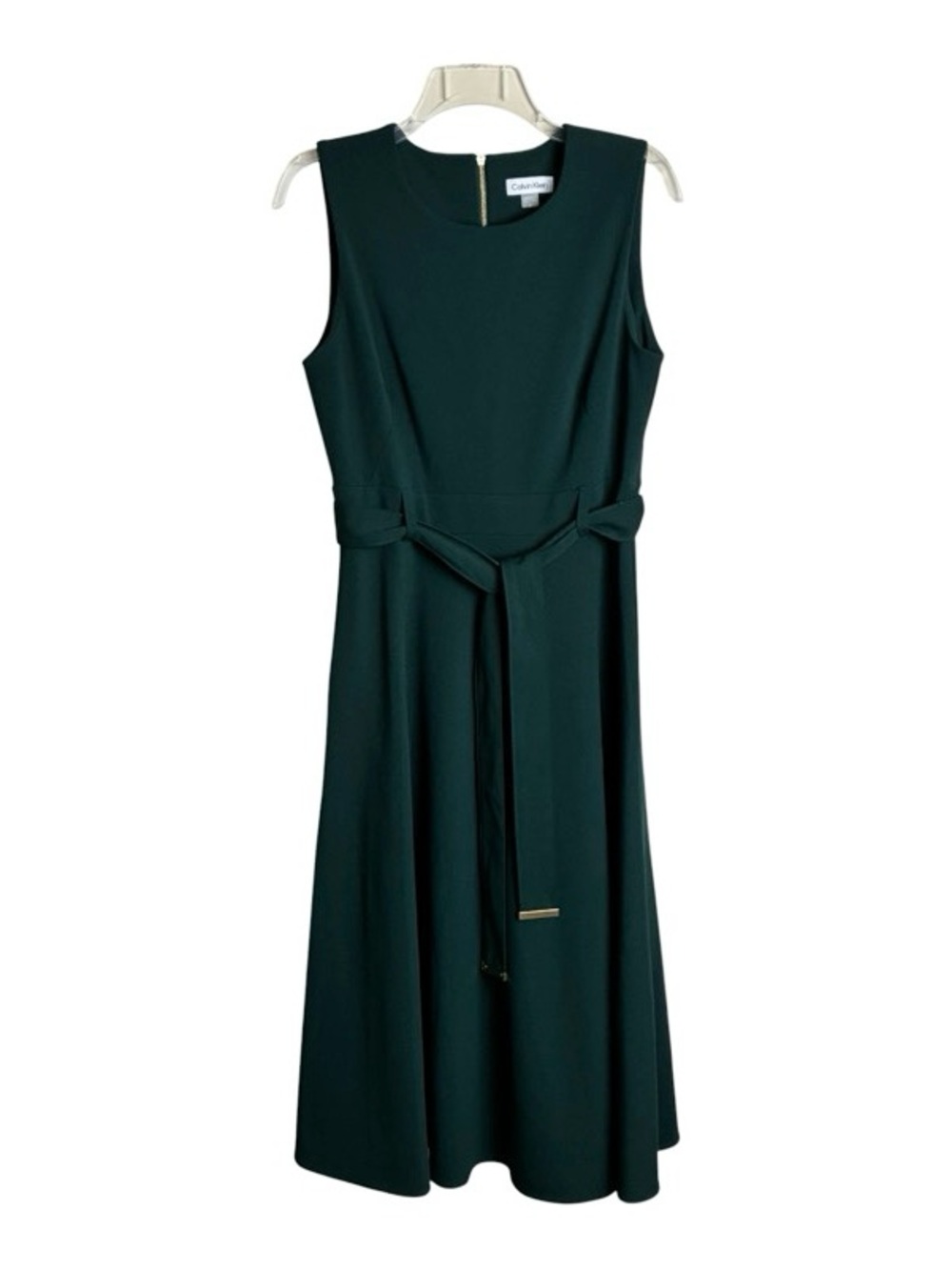 Calvin Klein Sleeveless Midi A-Line Dress Belted Exposed Back Zipper Size 8